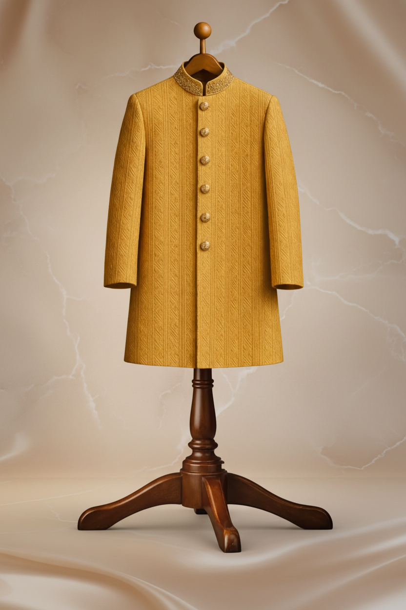 Light Golden-Yellow Banarasi Jacquard Prince Coat for Men – Premium Wedding & Formal Wear | Attire By ABD