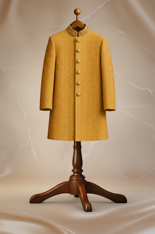 Light Golden-Yellow Banarasi Jacquard Prince Coat for Men – Premium Wedding & Formal Wear | Attire By ABD