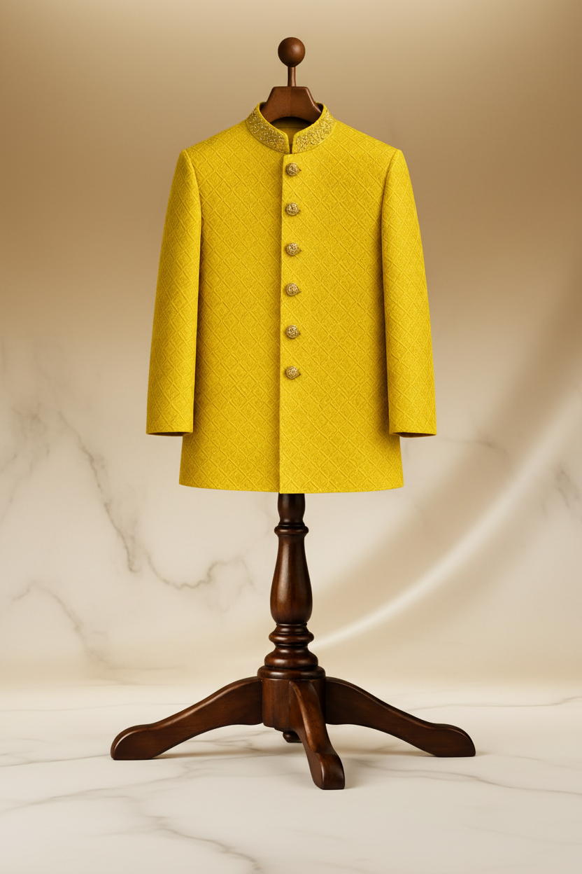 Yellow Textured Jacquard Fabric Prince Coat for Men – Premium Formal Wear | Attire By ABD
