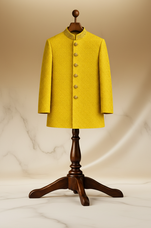Yellow Textured Jacquard Fabric Prince Coat for Men – Premium Formal Wear | Attire By ABD
