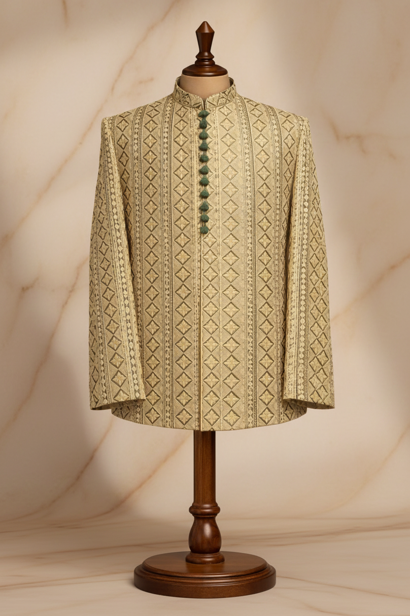 Ivory Gold Jacquard Silk Blend Prince Coat for Men – Luxury Wedding & Formal Wear – Attire By ABD