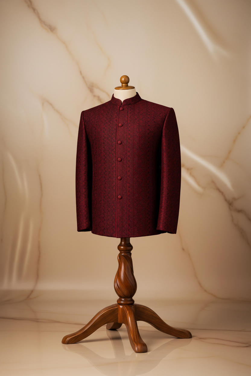 9mm Maroon Embroidered Jamawar Prince Coat for Men | Wedding & Formal Wear | Attire By ABD