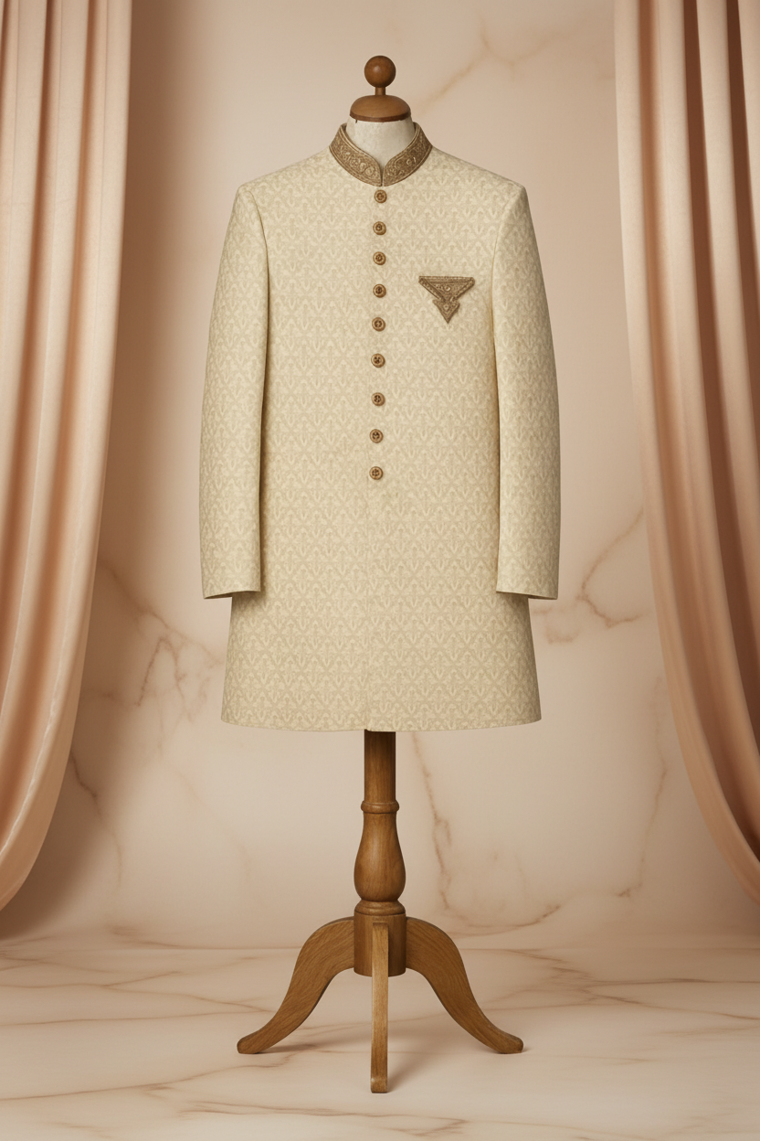 Ivory Champagne Beige Jamawar Prince Coat for Men | Luxury Wedding & Formal Wear | Attire By ABD