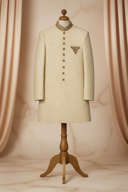 Ivory Champagne Beige Jamawar Prince Coat for Men | Luxury Wedding & Formal Wear | Attire By ABD