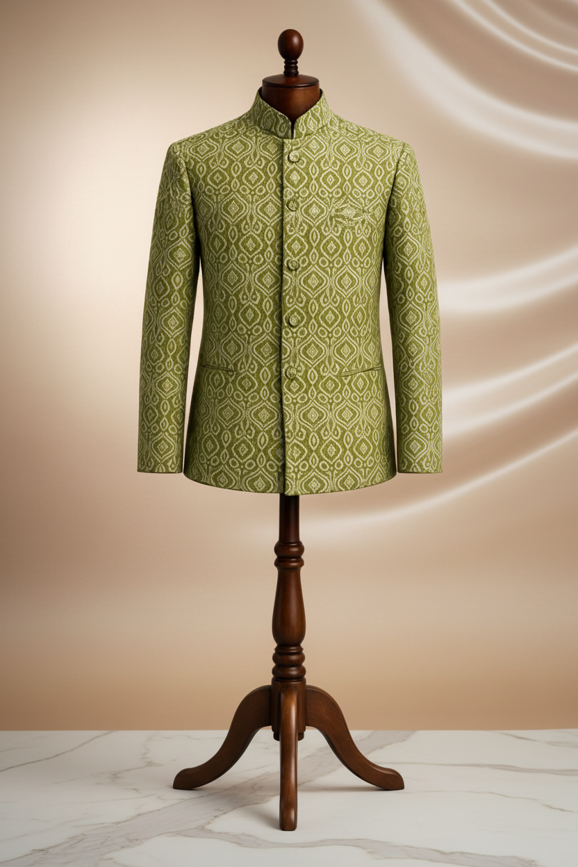 Dark Mehndi Jamawar Prince Coat with Skin Embroidery for Men | Wedding Wear | Attire By ABD
