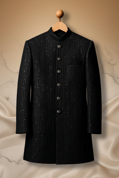 Black Premium Sequins Jamawar Hand-Embroidered Prince Coat for Men | Wedding & Formal Wear | Attire By ABD