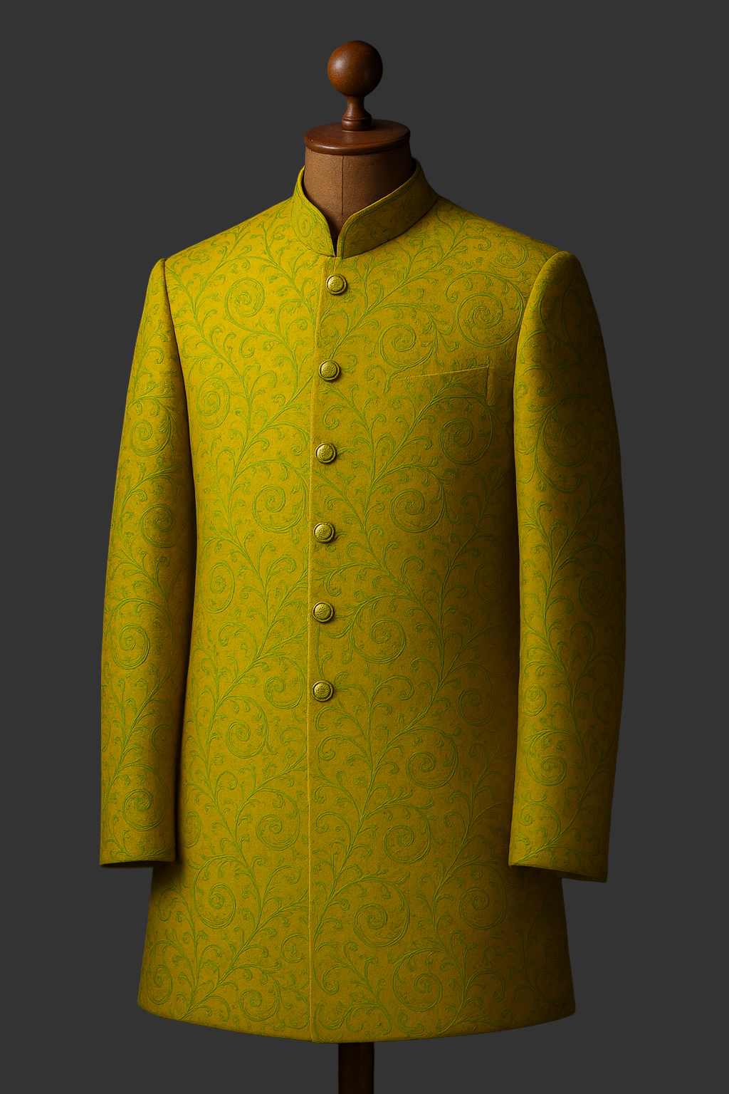 Yellowish Green embroidered fabrics prince coat for men