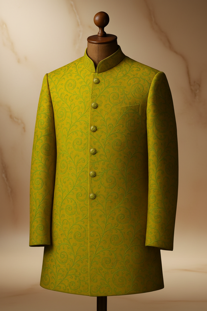 Yellowish Green Silk Jamawar Prince Coat for Men | Embroidered Wedding Wear | Attire By ABD