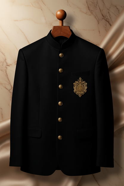 Classic Black Jamawar Prince Coat with Antique Gold Tilla Work for Men | Wedding & Formal Wear | Attire By ABD