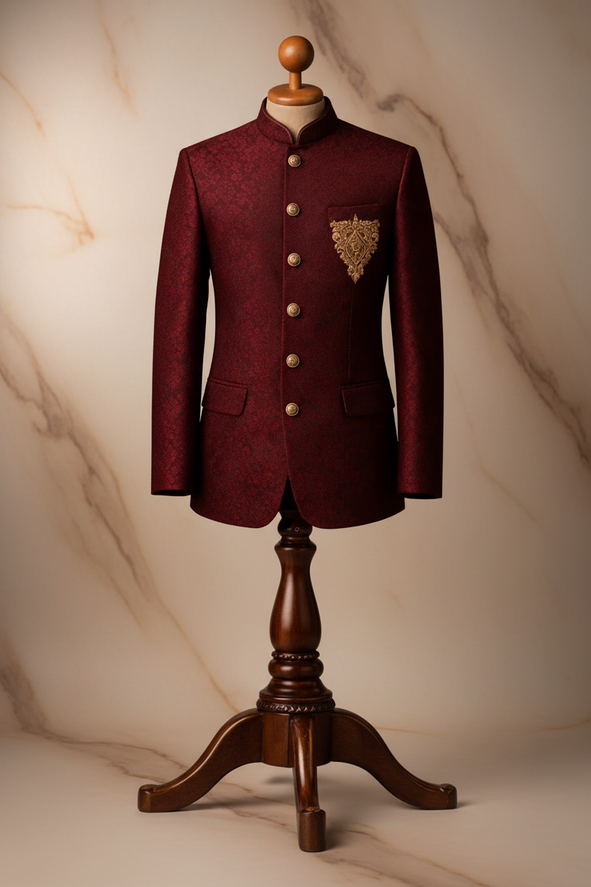 Deep Maroon Jamawar Prince Coat with Copper Tilla Hand Embroidery for Men | Wedding & Formal Wear | Attire By ABD