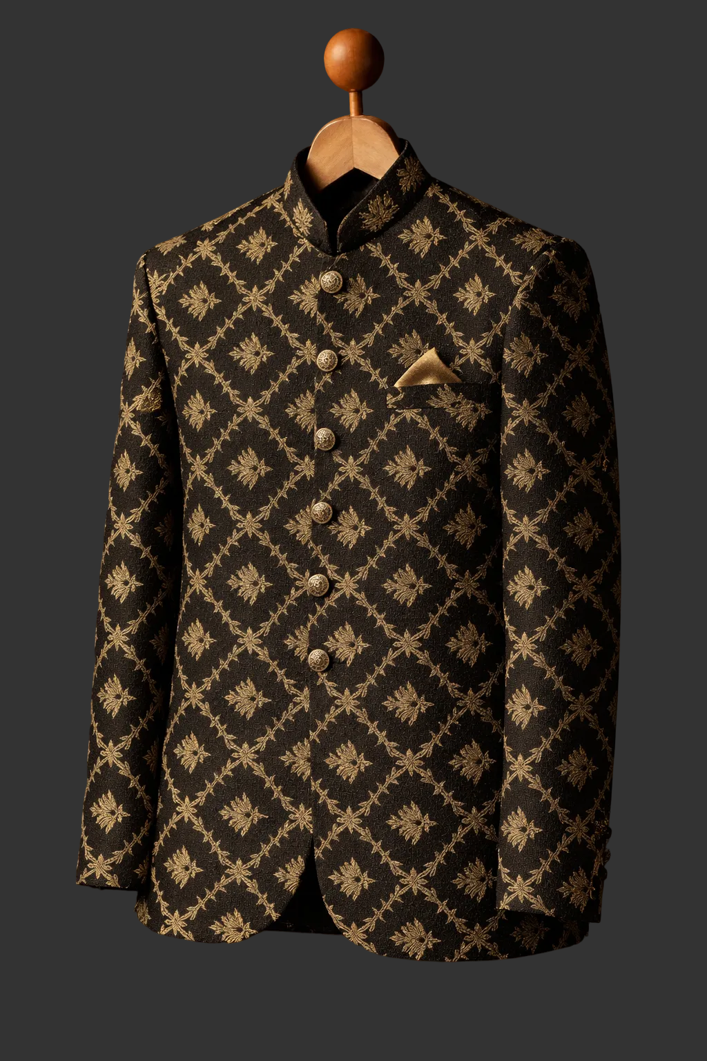 Black Jamawar with Antique Gold Embroidery fabrics prince coat for men