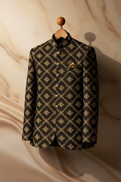 Black Jamawar Prince Coat with Antique Gold Embroidery  Men | Wedding & Formal Wear | Attire By ABD