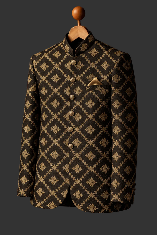 Black Jamawar with Antique Gold Embroidery fabrics prince coat for men