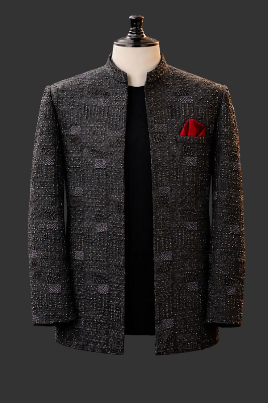 Jet Black + Antique Gold Embroidery Jamawar fabrics prince coat for men