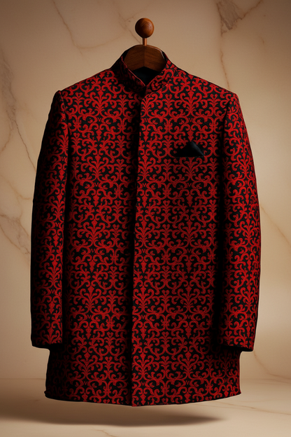 Red & Black Velvet Brocade Prince Coat for Men – Premium Wedding & Formal Wear | Attire By ABD