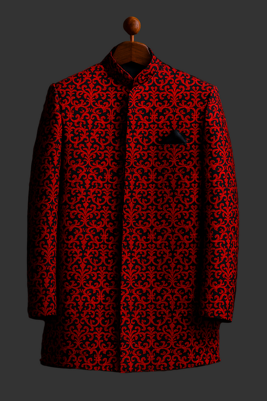 Red& Black Velvet Brocade textured fabrics prince coat for men