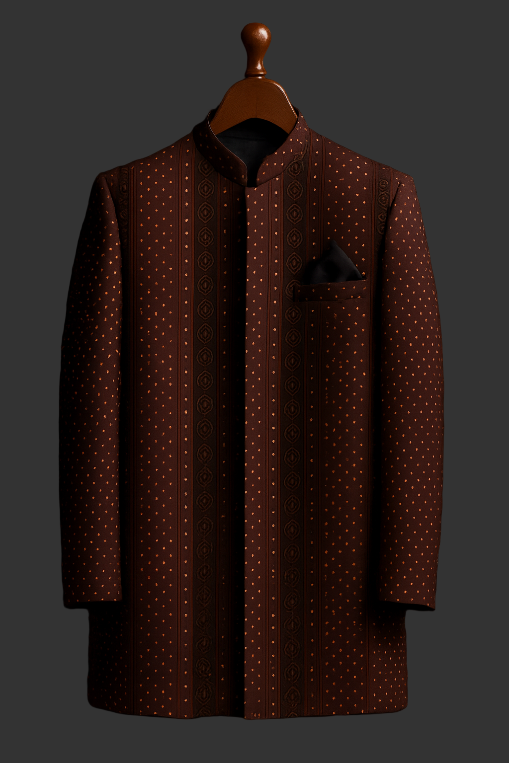 Dark maroon/brown silk Brocade textured fabrics prince coat for men