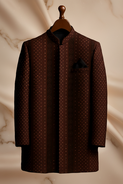 Dark Maroon/Brown Silk Brocade Prince Coat for Men – Premium Wedding & Formal Wear | Attire By ABD