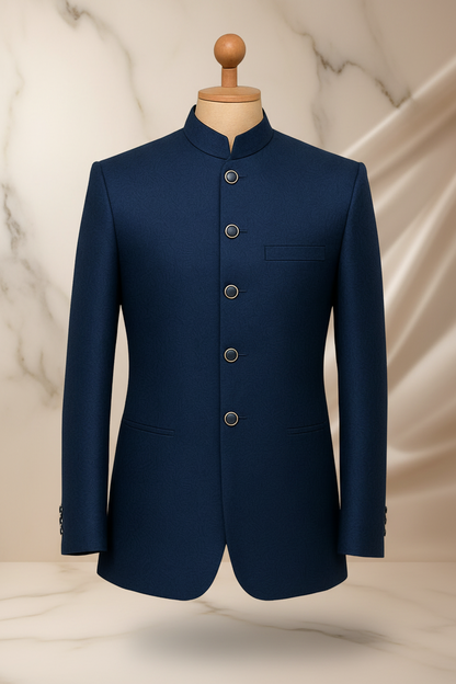 Deep Navy Blue Jamawar Prince Coat for Men | Luxury Wedding & Formal Wear | Attire By ABD