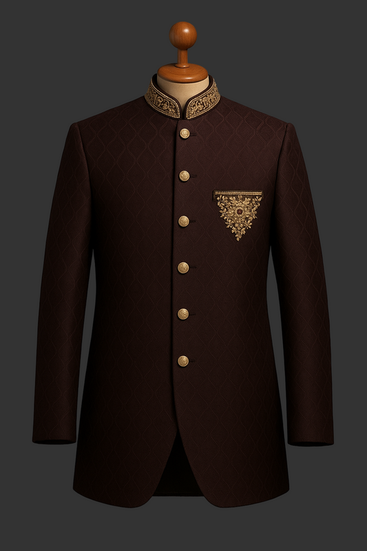 Dark maroon jamawar Hand Embroidered fabrics prince coat for men
