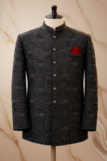 Jet Black Jamawar Prince Coat with Antique Gold Embroidery for Men | Wedding & Formal Wear | Attire By ABD