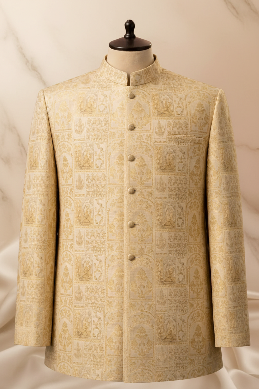 Off-White Jamawar Prince Coat with Champagne Gold Embroidery for Men | Wedding & Formal Wear | Attire By ABD