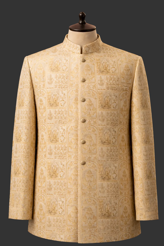 Off-White Jamawar Prince Coat with Champagne Gold Embroidery for Men | Wedding & Formal Wear