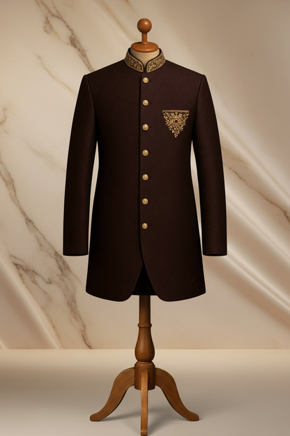 Dark Maroon Hand-Embroidered Jamawar Prince Coat for Men – Elegant Wedding & Formal Wear | Attire By ABD