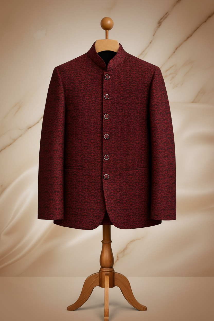 Deep Maroon Jamawar Prince Coat for Men | Embroidered Wedding & Formal Wear | Attire By ABD