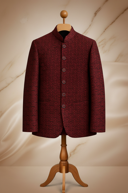 Deep Maroon Jamawar Prince Coat for Men | Embroidered Wedding & Formal Wear | Attire By ABD