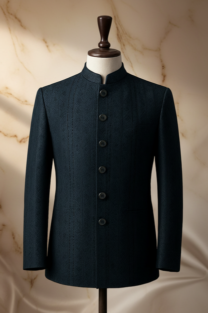 Dark Blue Embroidered Jamawar Prince Coat for Men – Premium Wedding & Formal Wear | Attire By ABD