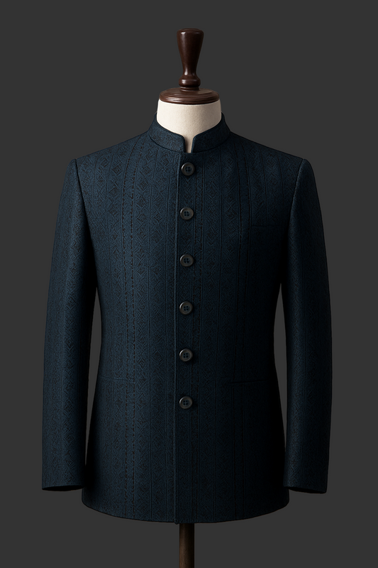 Dark Blue Embroidered Fabric Prince Coat for Men