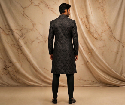 Black & Antique Gold Jamawar Prince Coat – Premium Men’s Wedding & Formal Wear | Attire By ABD
