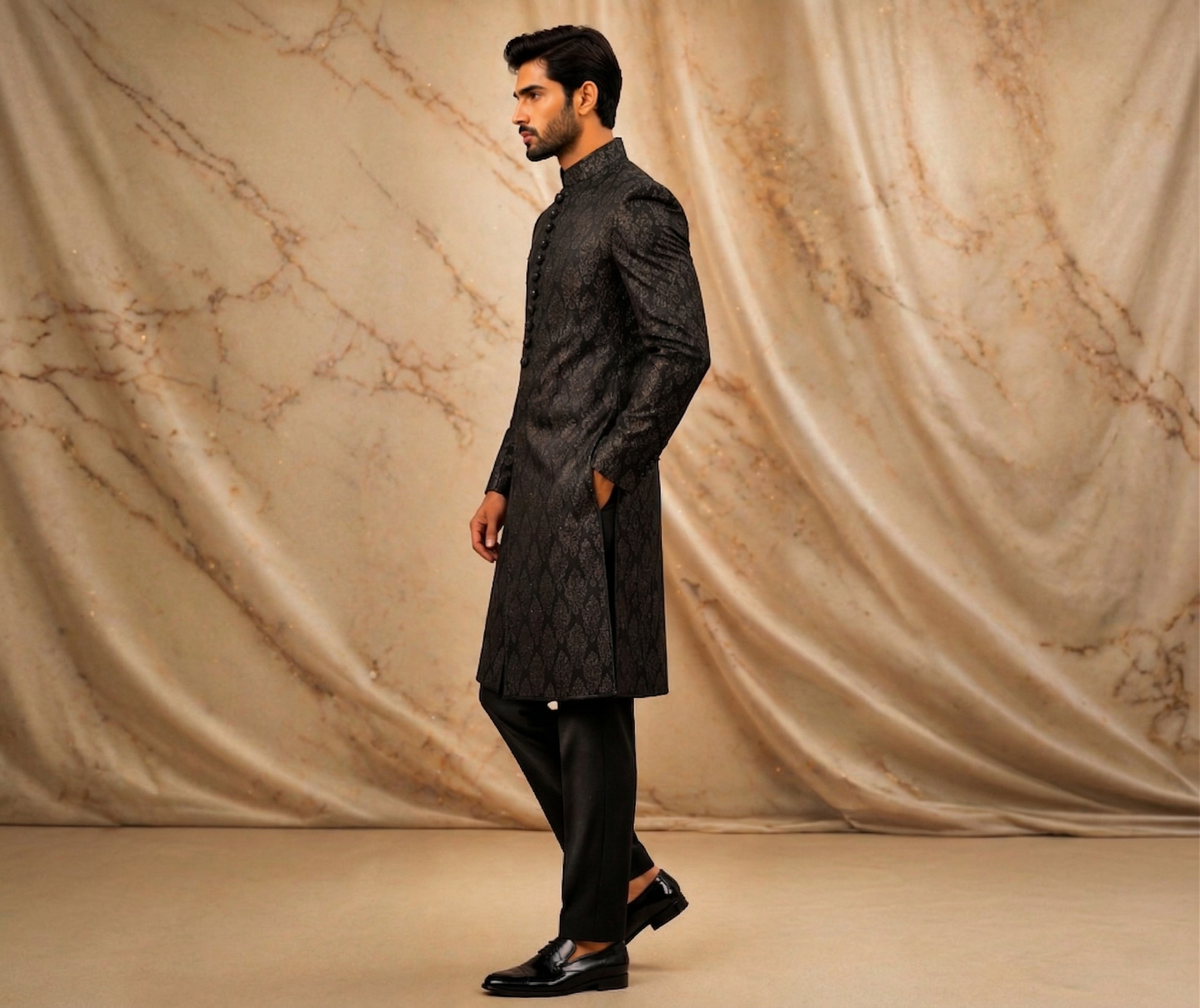 Black & Antique Gold Jamawar Prince Coat – Premium Men’s Wedding & Formal Wear | Attire By ABD