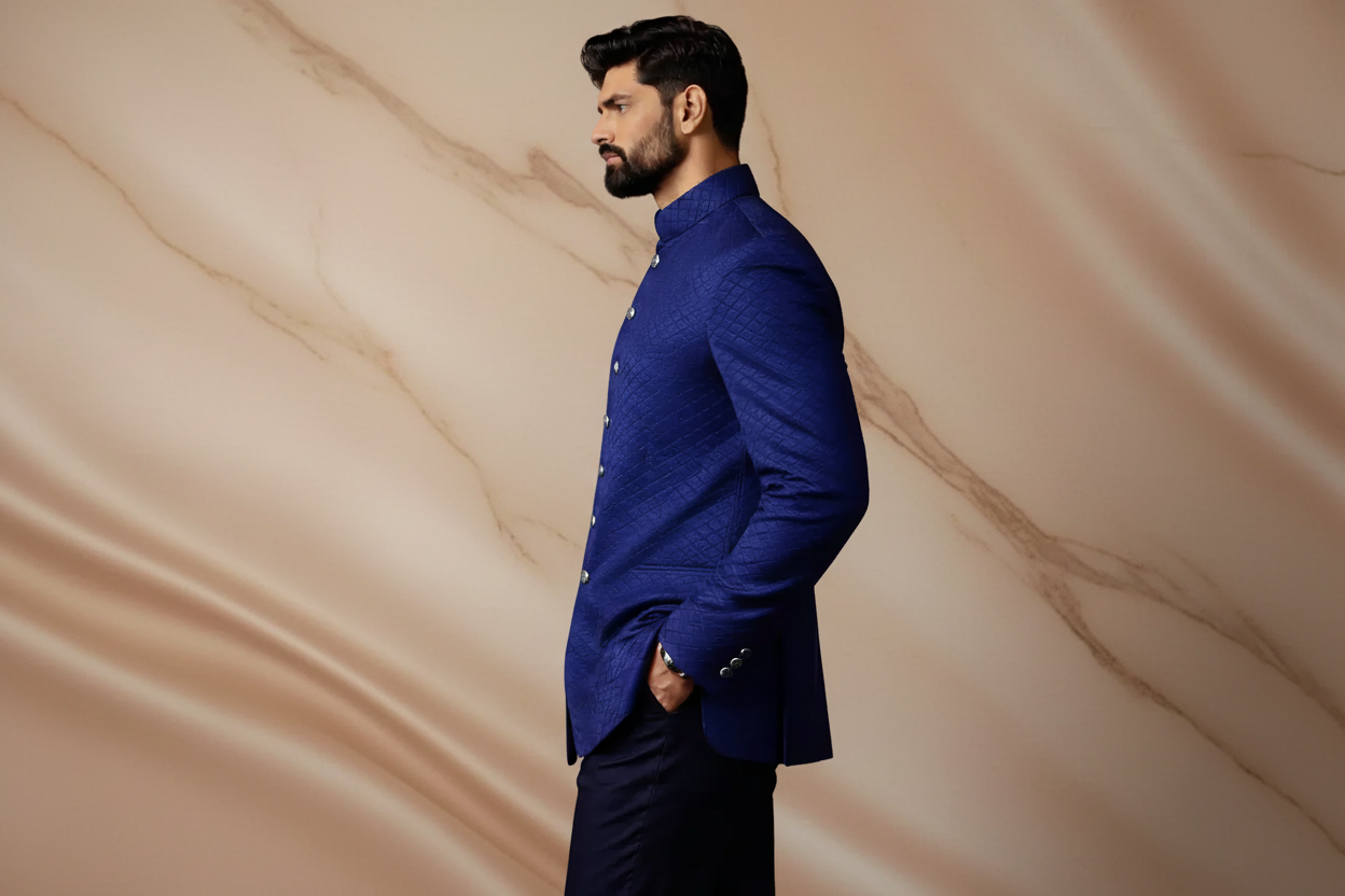 Royal Blue Jamawar Prince Coat for Men | Wedding & Formal Wear | Attire By ABD