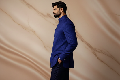 Royal Blue Jamawar Prince Coat for Men | Wedding & Formal Wear | Attire By ABD