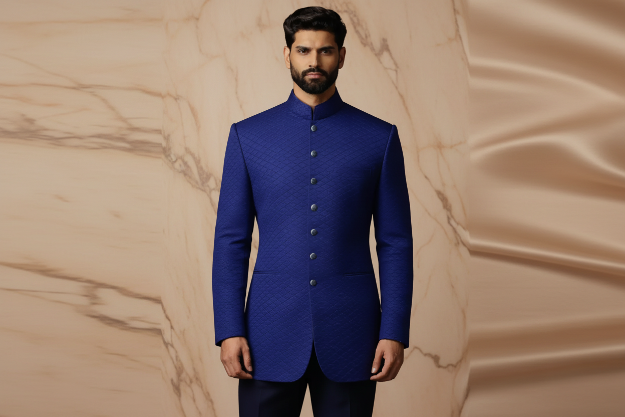 Royal Blue Jamawar Prince Coat for Men | Wedding & Formal Wear | Attire By ABD