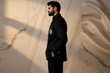 Classic Black Jamawar Prince Coat with Antique Gold Tilla Work for Men | Wedding & Formal Wear | Attire By ABD