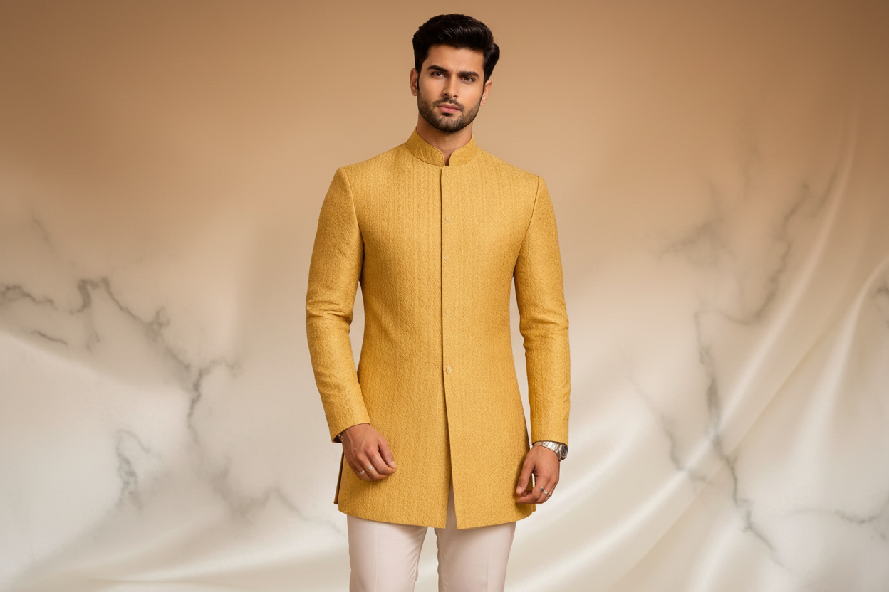 Light Golden-Yellow Banarasi Jacquard Prince Coat for Men – Premium Wedding & Formal Wear | Attire By ABD