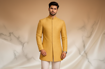Light Golden-Yellow Banarasi Jacquard Prince Coat for Men – Premium Wedding & Formal Wear | Attire By ABD