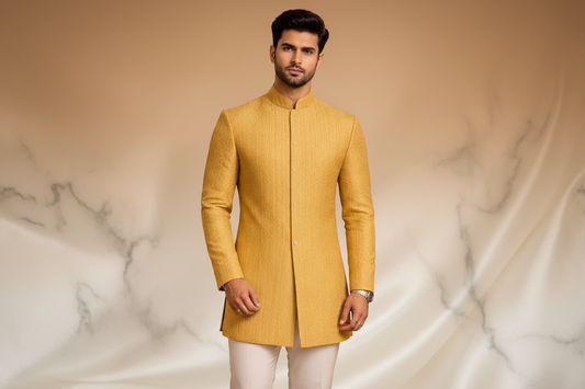 Light Golden-Yellow Banarasi Jacquard Prince Coat for Men – Premium Wedding & Formal Wear | Attire By ABD
