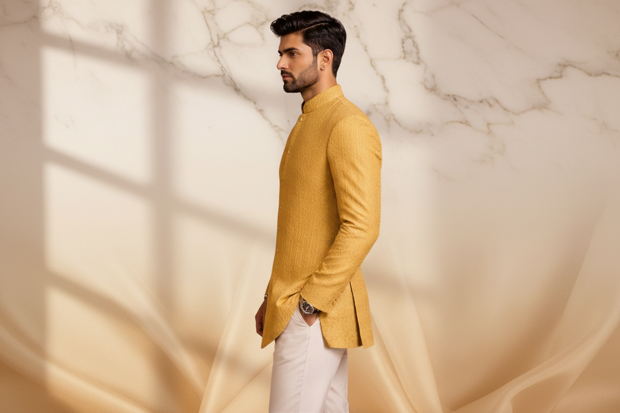 Light Golden-Yellow Banarasi Jacquard Prince Coat for Men – Premium Wedding & Formal Wear | Attire By ABD