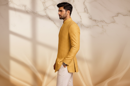 Light Golden-Yellow Banarasi Jacquard Prince Coat for Men – Premium Wedding & Formal Wear | Attire By ABD