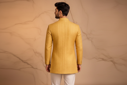Light Golden-Yellow Banarasi Jacquard Prince Coat for Men – Premium Wedding & Formal Wear | Attire By ABD