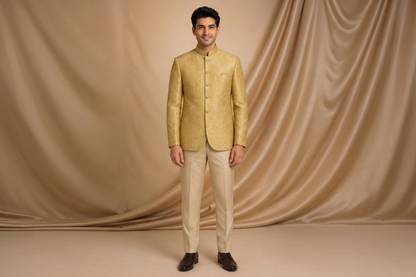 Light Golden Jamawar Prince Coat for Men | Skin Embroidery Wedding & Formal Wear | Attire By ABD
