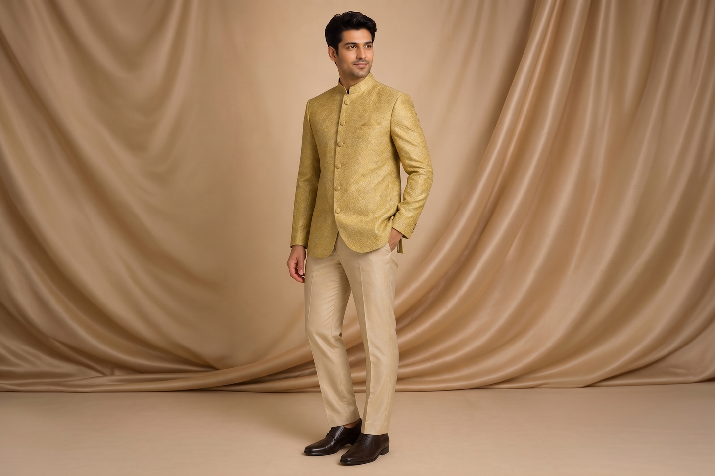 Light Golden Jamawar Prince Coat for Men | Skin Embroidery Wedding & Formal Wear | Attire By ABD
