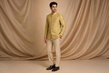 Light Golden Jamawar Prince Coat for Men | Skin Embroidery Wedding & Formal Wear | Attire By ABD