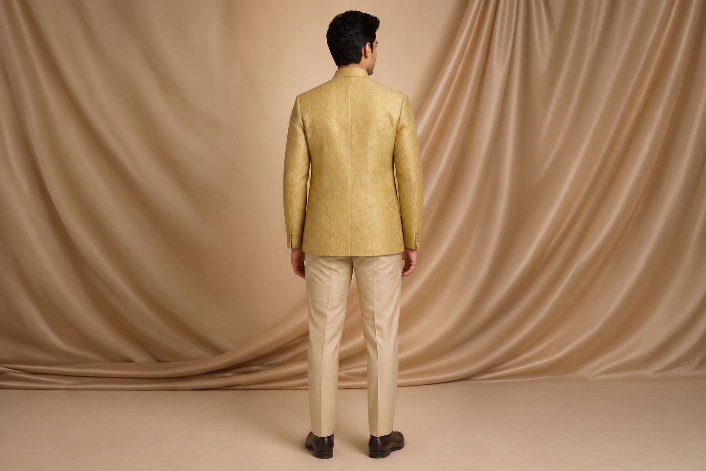 Light Golden Jamawar Prince Coat for Men | Skin Embroidery Wedding & Formal Wear | Attire By ABD