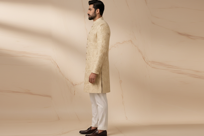 Off-White Jamawar Prince Coat with Champagne Gold Embroidery for Men | Wedding & Formal Wear | Attire By ABD