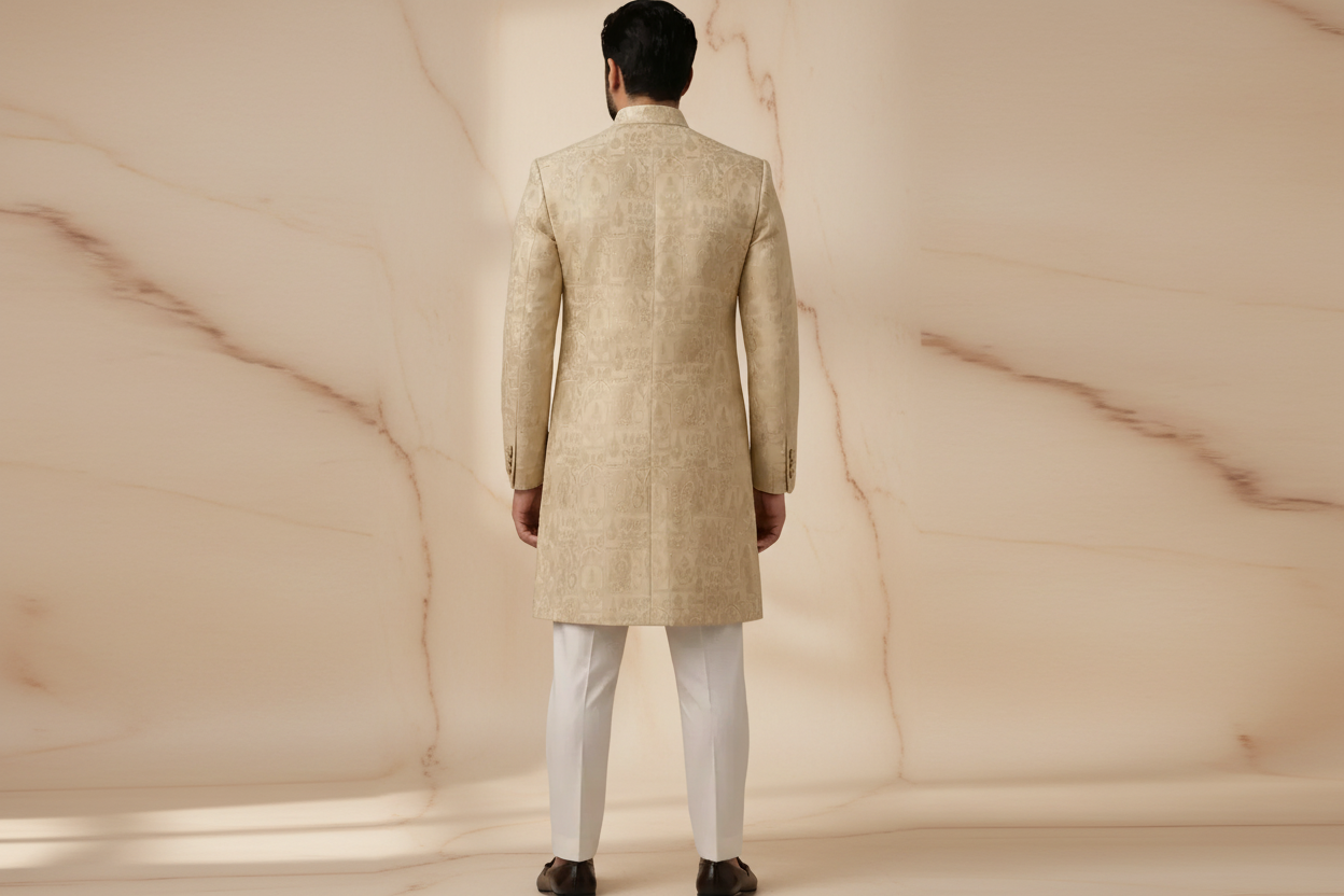 Off-White Jamawar Prince Coat with Champagne Gold Embroidery for Men | Wedding & Formal Wear | Attire By ABD